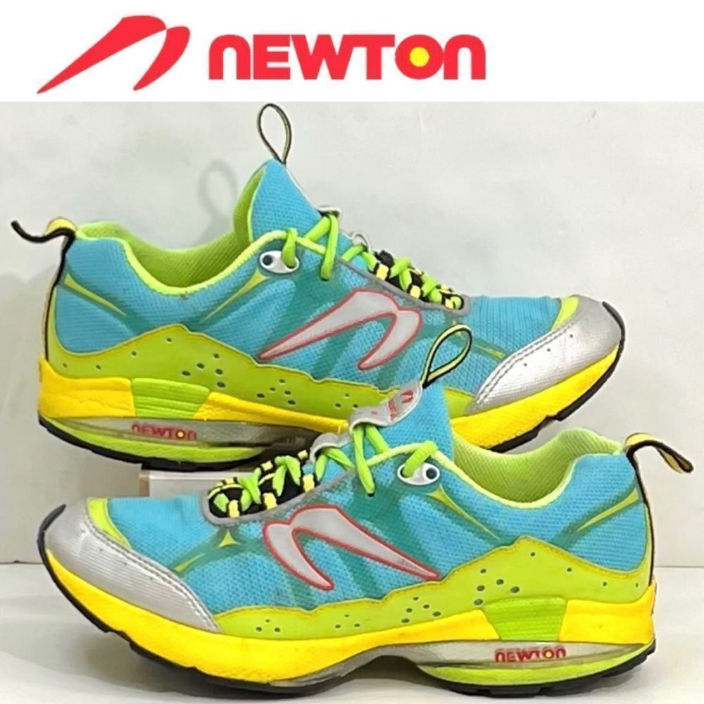 Newton Vibrant Blue and Neon Yellow Sneakers with bright green laces; Size 6